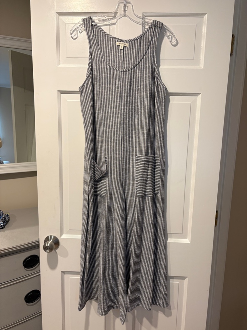 Sleeveless Striped Jumpsuit with Front Patch Pockets - Blue/White